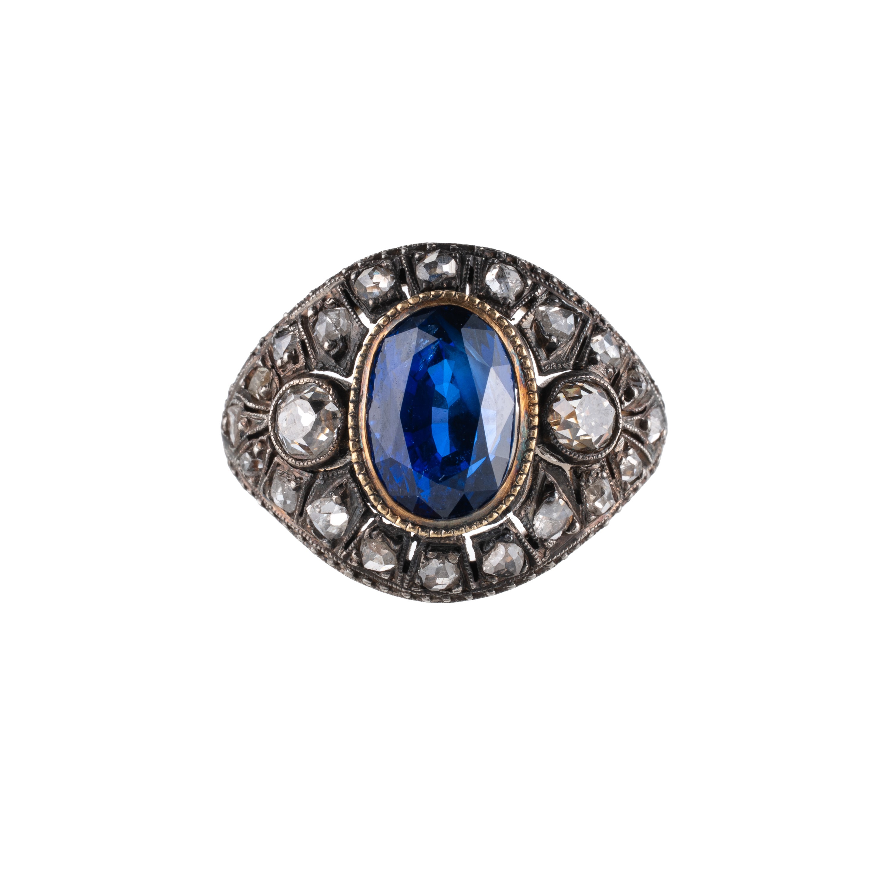 Anello in oro 18 kt e argento con zaffiro Ceylon certificato “no heat”, diamanti (certificato SSE...