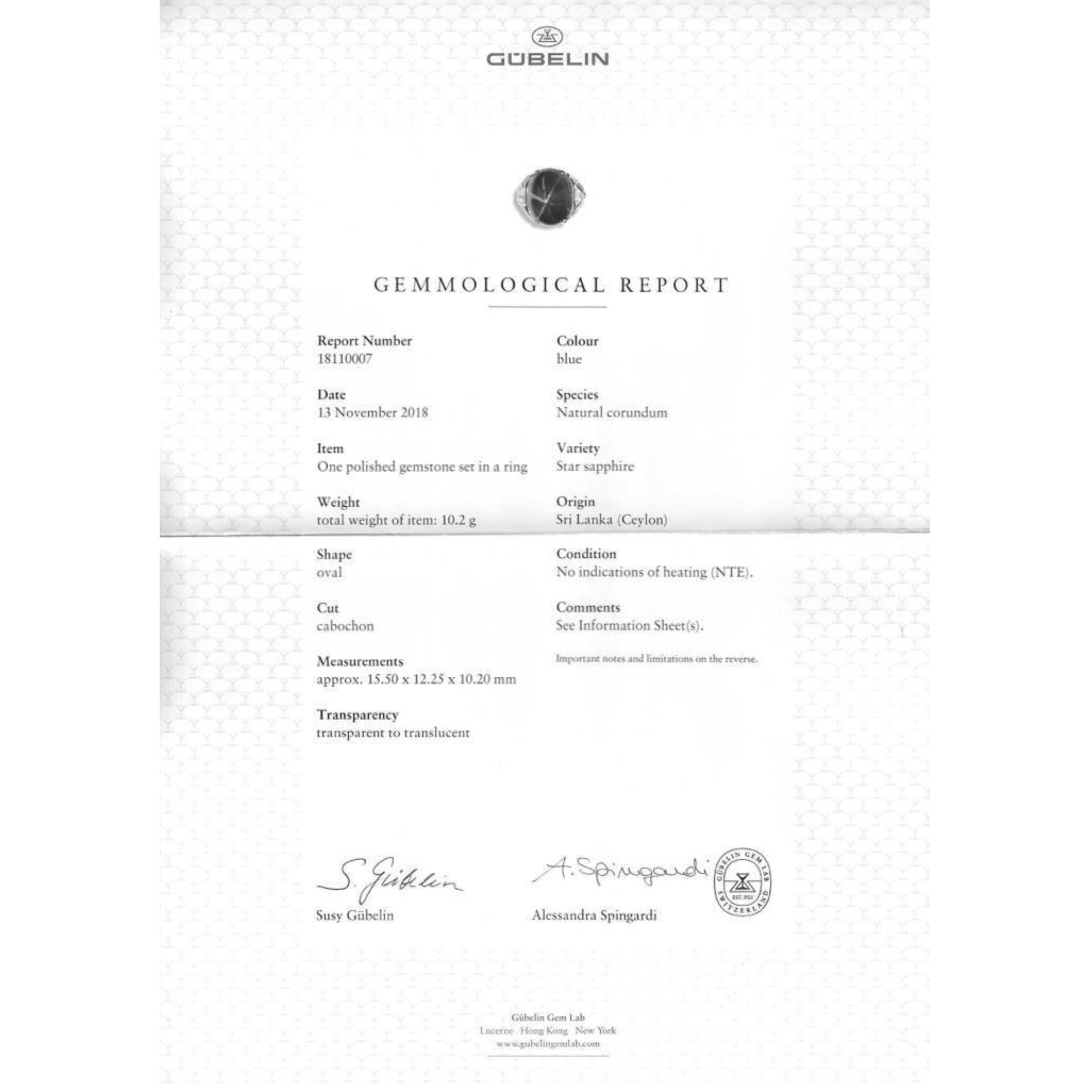 Anello in platino con zaffiro cabochon, certificato GUBELIN n. 18110007