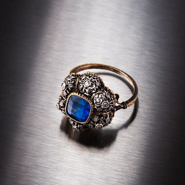 M. BUCCELLATI - M. BUCCELLATI - ANELLO IN ORO GIALLO 18 KT E ARGENTO CON ZAFFIRO