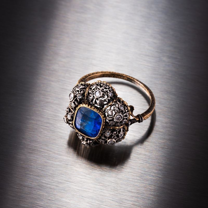 M. Buccellati - Anello in oro giallo 18 kt e argento con zaffiro