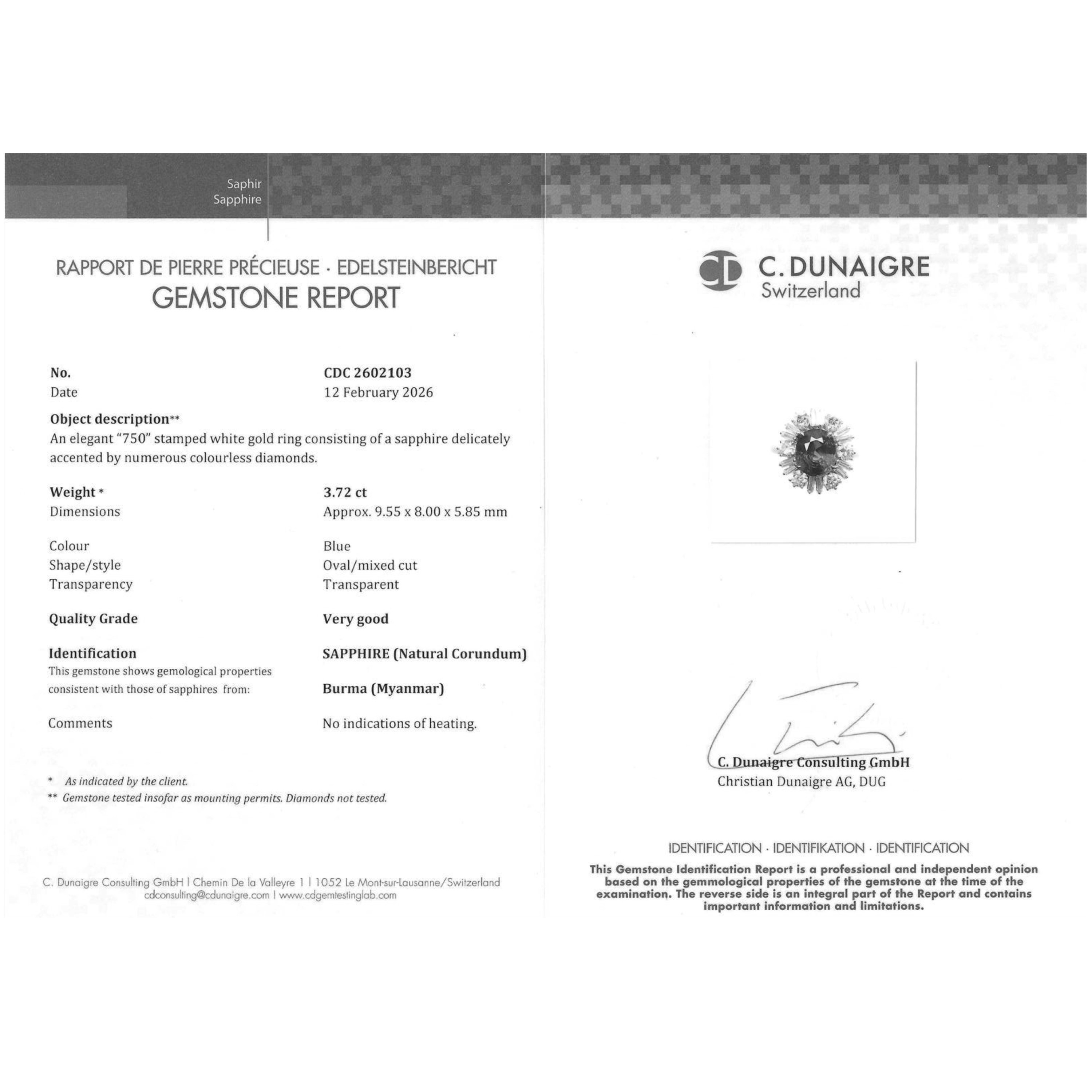 Anello in oro bianco 18 kt con zaffiro ovale e diamanti, certificato C. Dunaigre