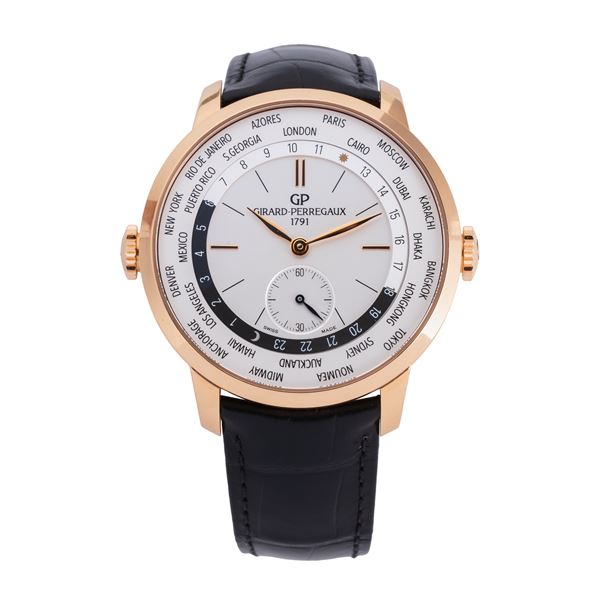 GIRARD PERREGAUX - GIRARD PERREGAUX  - WORLD TIME 1966 OROLOGIO WORLD TIME A CARICA AUTOMATICA IN ORO ROSA 18KT CON QUADRANTE BIANCO E FONDELLO A VISTA
