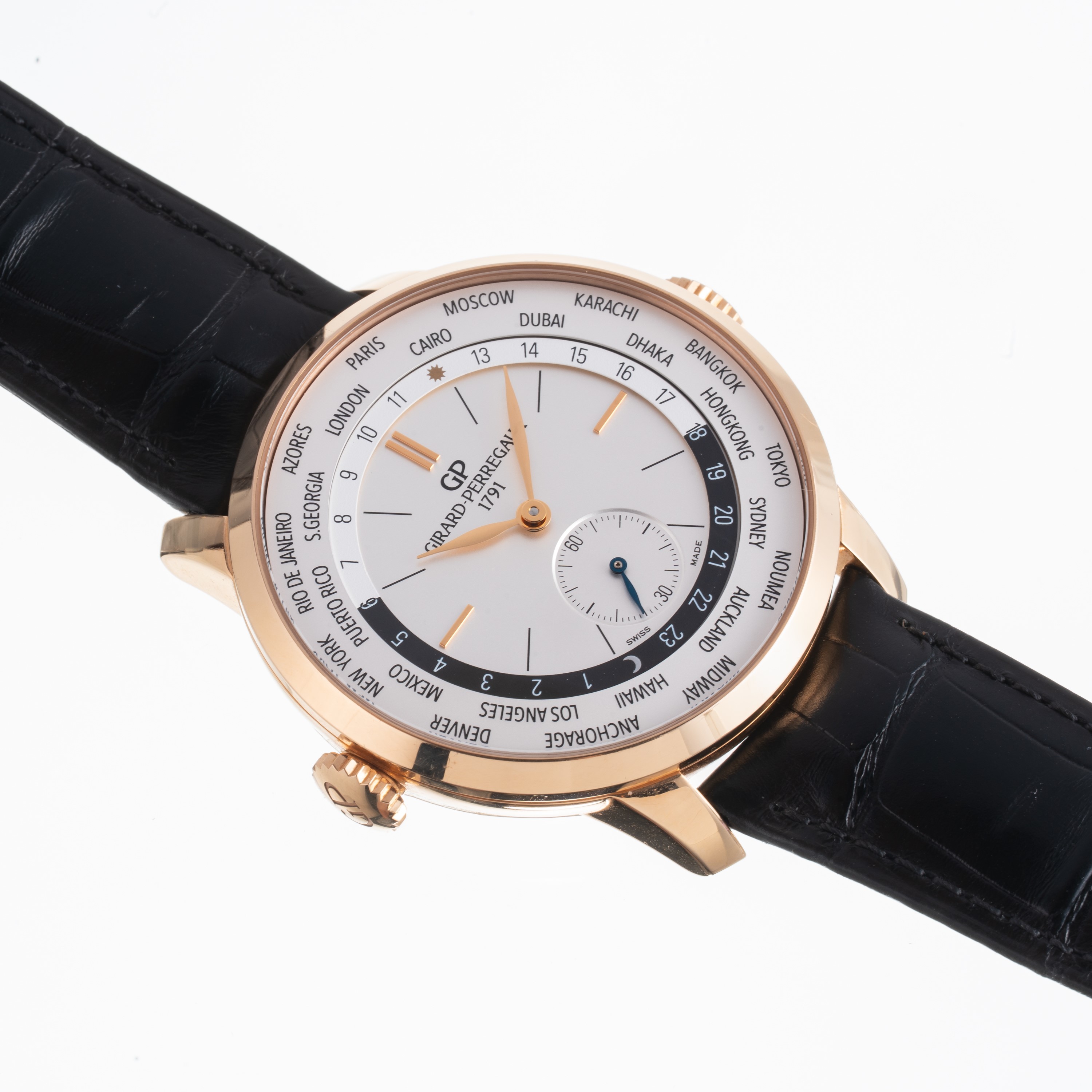 Girard Perregaux - World Time 1966, orologio da polso in oro rosa 18 kt con quadrante bianco