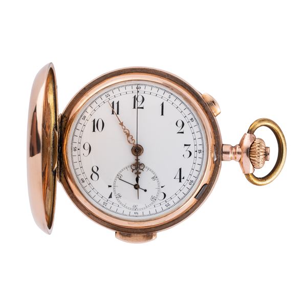 OROLOGIO DA TASCA IN ORO ROSA 12KT RIPETIZIONE QUARTI CHRONOSTOP A CARICA MANUALE CON QUADRANTE IN PORCELLANA