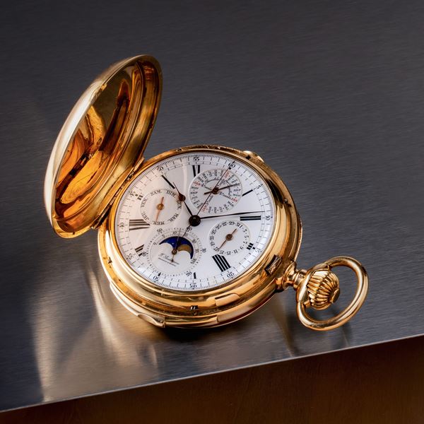 F.AUDEMARS - F. AUDEMARS OROLOGIO DA TASCA SAVONETTE IN ORO GIALLO 18KT CALENDARIO PERPETUO CON FASI LUNA, RIPETIZIONE MINUTI E CRONOGRAFO IN ORO GIALLO 18KT CON QUADRANTE IN PORCELLANA E INDICI ARABI NERI